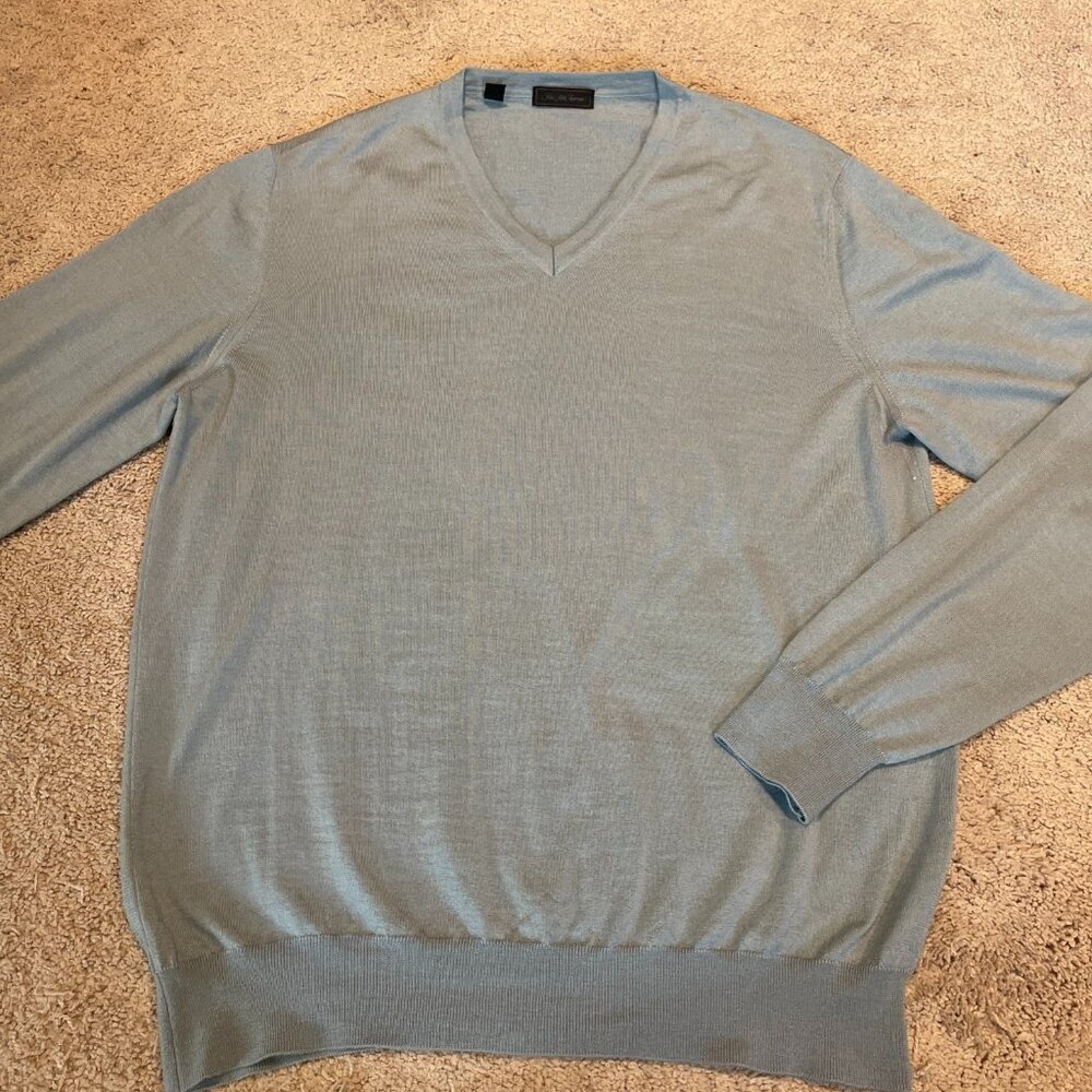 Saks Fifth Ave Men's V-Neck Sweater Size XL Blue Wool Silk Made In Italy Luxury